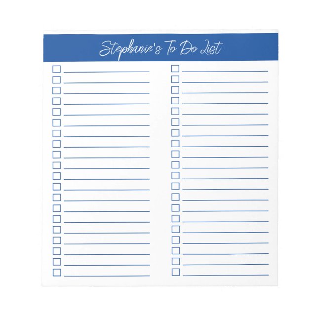 Script Modern Elegant Blue Two Column Checklist Notepad (Front)