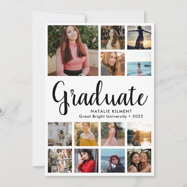 Script Modern Graduate 13 Photo Collage Graduation Announcement (Front)