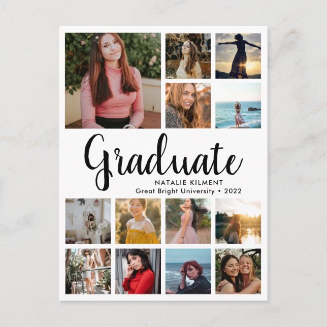 Script Modern Graduate 13 Photo Collage Graduation Announcement Postcard (Front)
