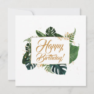 Script Modern Green Leaves Happy Birthday Card