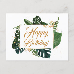 Script Modern Green Leaves Happy Birthday Postcard