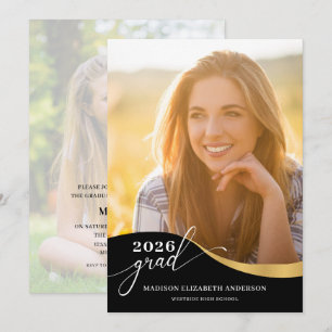 Script Modern Shape Photo Black & Gold Graduation Invitation