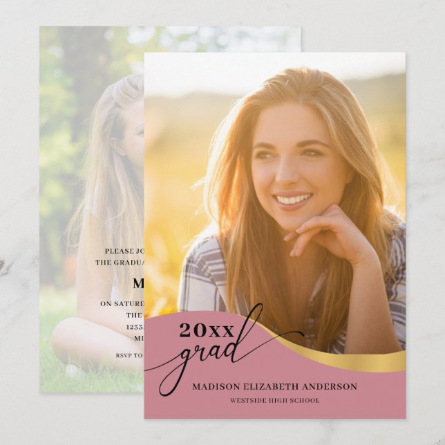 Script Modern Shape Photo Rose Gold Graduation Invitation (Front/Back)
