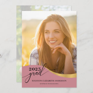 Script Modern Shape Photo Rose Gold Graduation Invitation