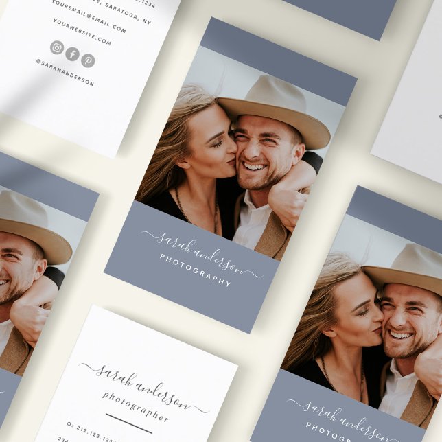 Script Modern Typography Photographer Dusty Blue Business Card (Creator Uploaded)