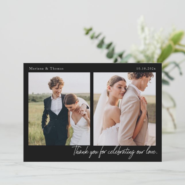 Script Modern Wedding 2 Photos Thank You Card (Standing Front)