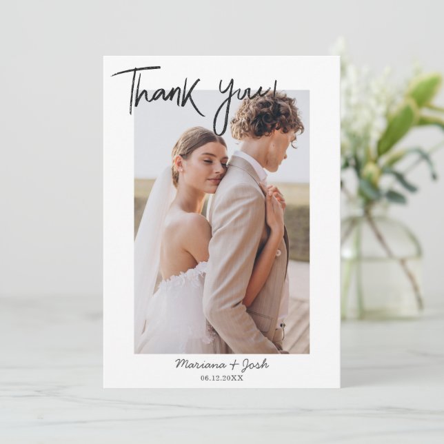 Script Modern Wedding 2 Photos Thank You Card (Standing Front)