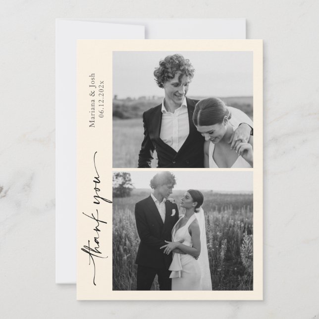 Script Modern Wedding 2 Photos Thank You Card (Front)