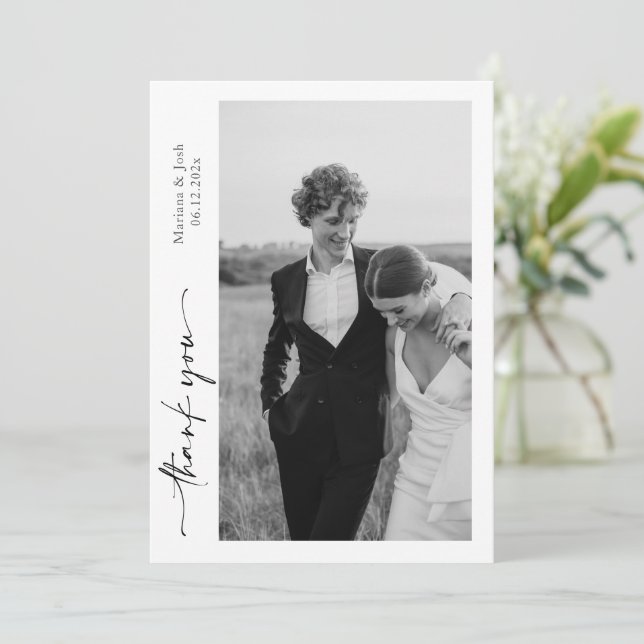 Script Modern Wedding 2 Photos Thank You Card (Standing Front)