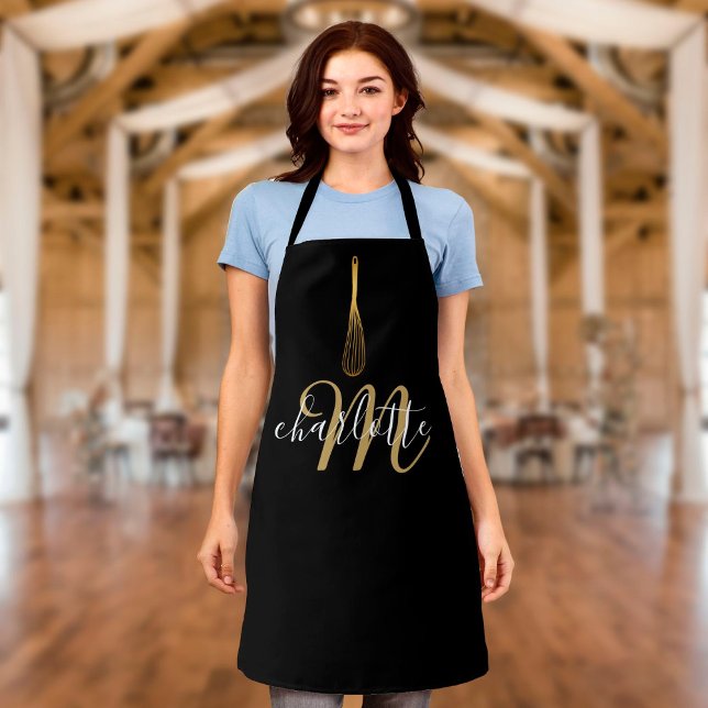 Script Monogram Black And Gold Whisk Apron (Creator Uploaded)