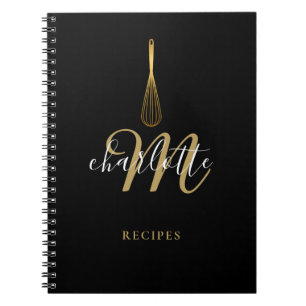 Script Monogram Black Gold Whisk Recipe Notebook