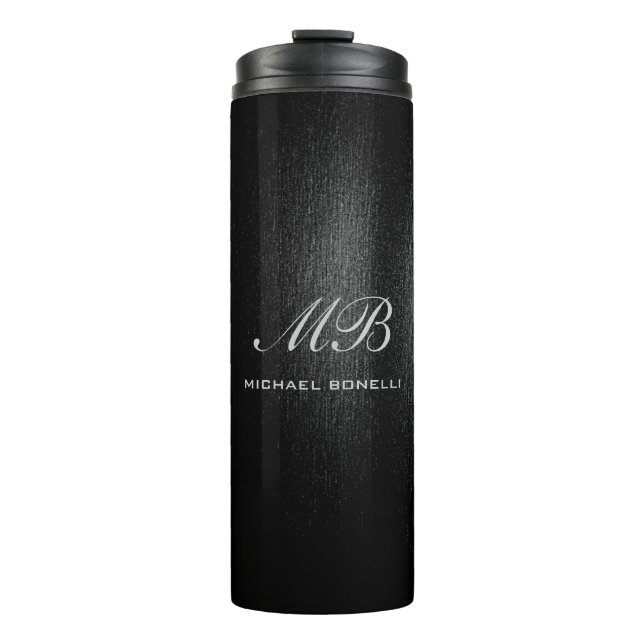 Script monogram black grey modern cute thermal tumbler (Front)