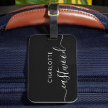Script Monogram Black Luggage Tag<br><div class="desc">An elegant modern minimalist monogram on black,  in vintage sans serif type,  contrasted with a handwritten style script font. Elegant style for your travel accessory.</div>
