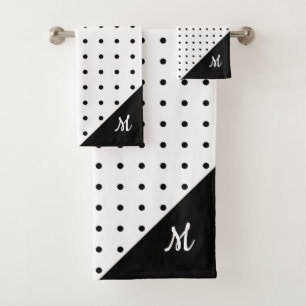 Script Monogram Black on White Polka Dot Pattern Bath Towel Set