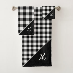 Script Monogram Black White Buffalo Plaid Pattern Bath Towel Set