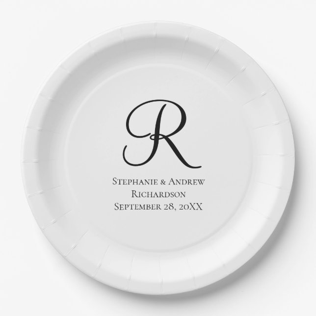 Script Monogram Black White Elegant Wedding Paper Plate (Front)