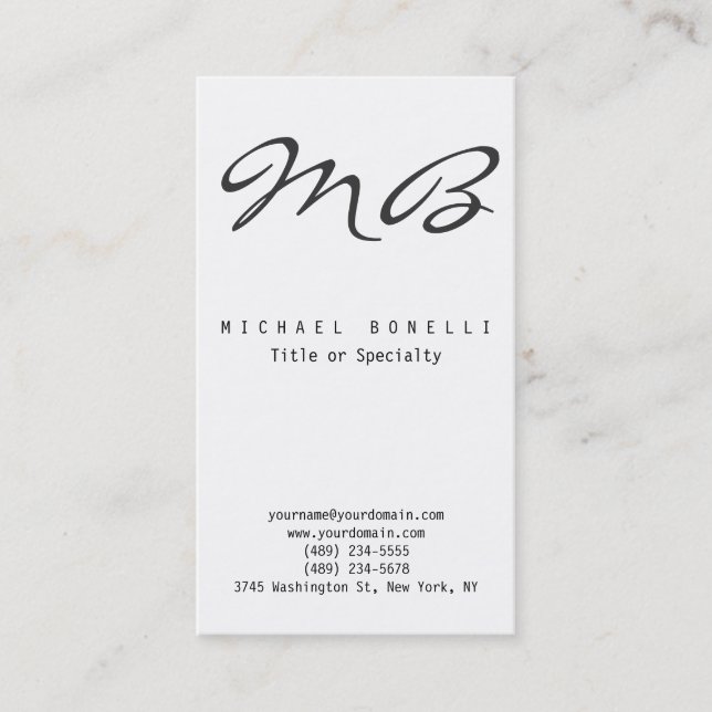 Script Monogram Black White Vertical Business Card (Front)