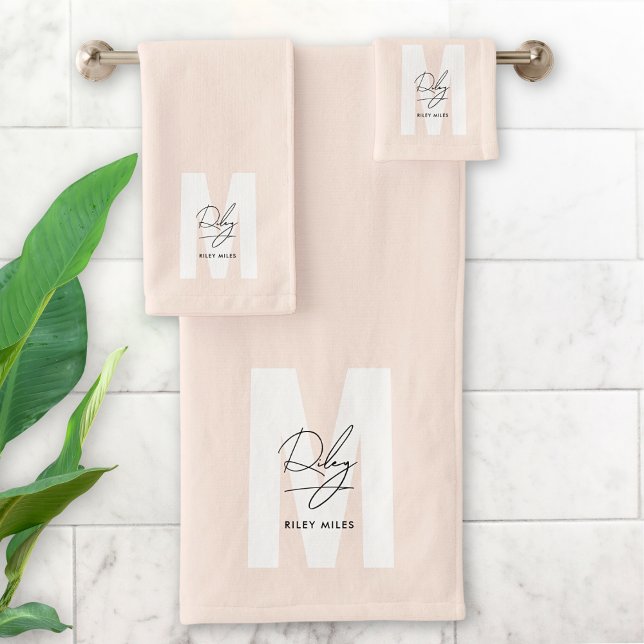 Script Monogram Blush Pink Modern Chic Signature Bath Towel Set (Creator Uploaded)