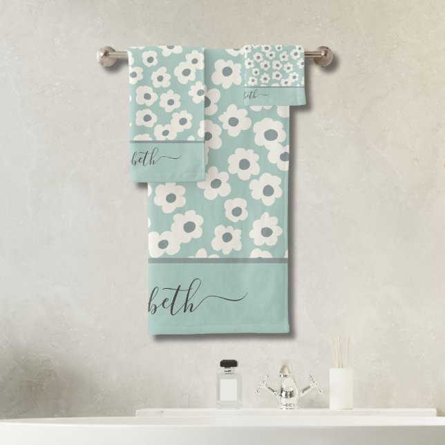 Script Monogram Boho Sage Green White Grey Floral  Bath Towel Set (Boho Mint Green White Gray Floral Wildflowers Bath Towel Set Monogrammed name)