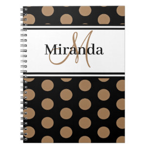 Script Monogram Brown Polka Dots Black White Notebook