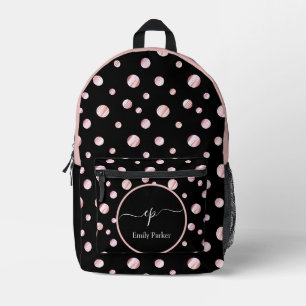 Script Monogram Custom Name Black Polka Dot Circle Printed Backpack