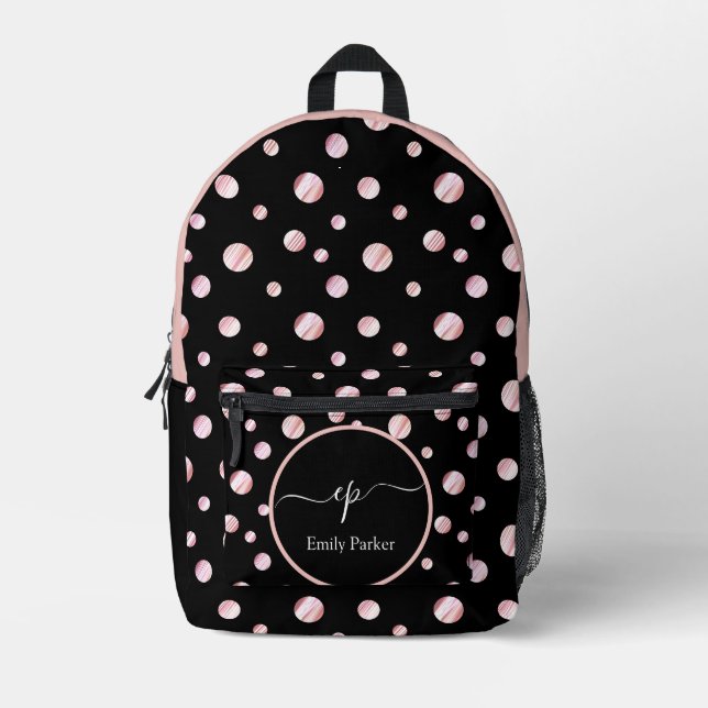 Script Monogram Custom Name Black Polka Dot Circle Printed Backpack (Front)