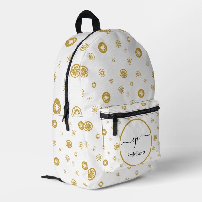 Script Monogram Custom Name Gold Polka Dot Circle Printed Backpack (Back Corner Left)