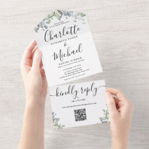 Script Monogram Floral QR Code Wedding All In One Invitation