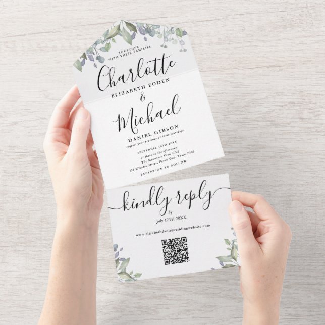 Script Monogram Floral QR Code Wedding  All In One Invitation (Tearaway)