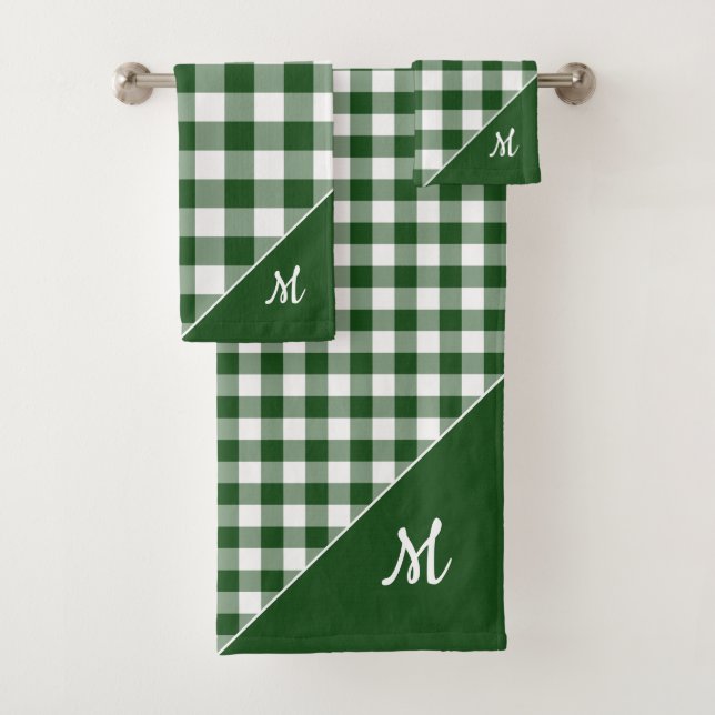 Script Monogram Green White Buffalo Plaid Pattern Bath Towel Set (Insitu)