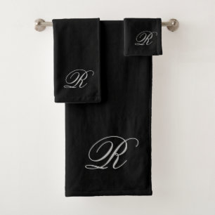 Script Monogram Initial Gray Black Bath Towel Set