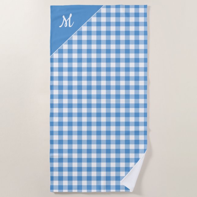 Script Monogram Light Blue Buffalo Check Pattern Beach Towel (Front)