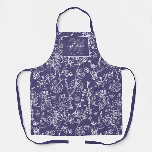 Script Monogram Name Mallow Wildflower Blue White  Apron (Front)