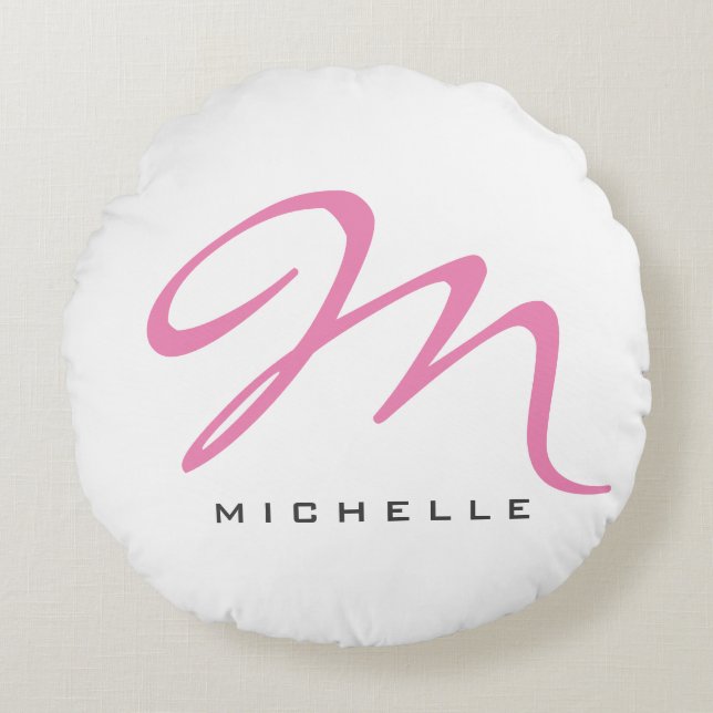 Script Monogram Pink Calligraphy Your Name Gift Round Cushion (Front)