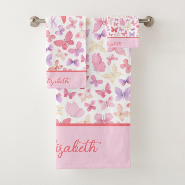 Script Monogram Pink Purple Yellow Butterflies  Bath Towel Set (Insitu)