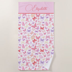 Script Monogram Pink Purple Yellow Butterflies Beach Towel