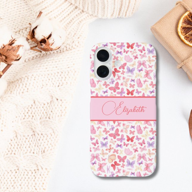 Script Monogram Pink Purple Yellow Butterflies  iPhone 16 Case (Pink purple butterflies Monogrammed Script Name, iPhone case. Available in all current iPhone models)