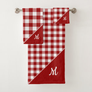 Script Monogram Red White Buffalo Plaid Pattern Bath Towel Set