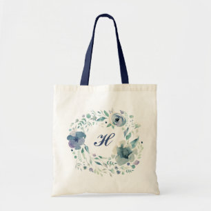 Script Monogram Watercolor Blue Floral Wreath Tote Bag