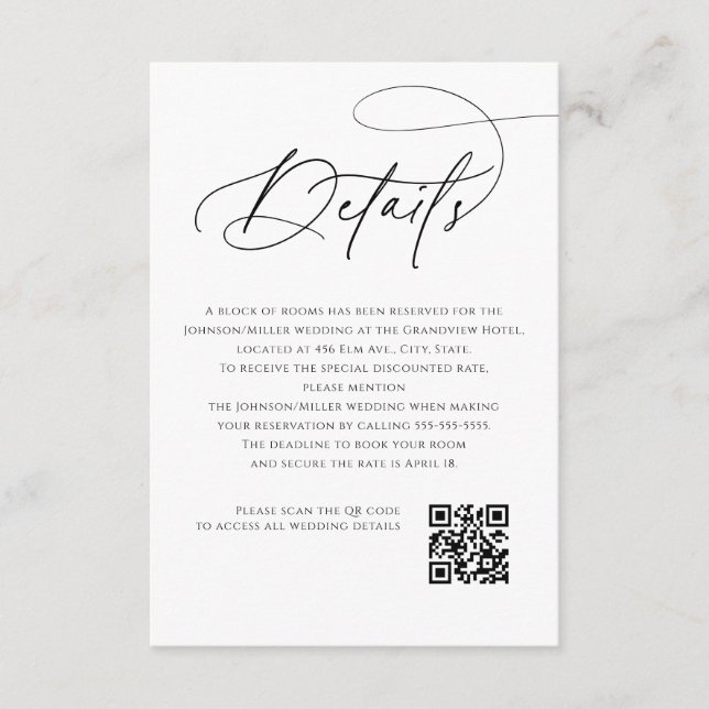 Script Monogram Wedding Details White QR Code Enclosure Card (Front)