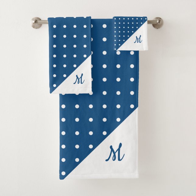 Script Monogram White on Blue Polka Dot Pattern Bath Towel Set (Insitu)