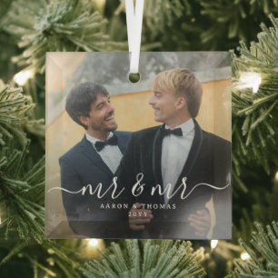 Script Mr & Mr Newlyweds Photo Christmas Glass Tree Decoration