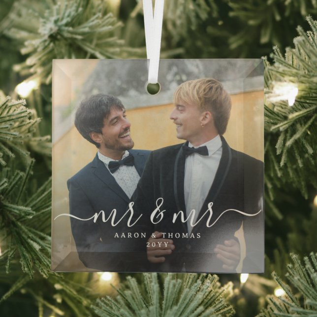 Script Mr & Mr Newlyweds Photo Christmas Glass Tree Decoration (Insitu)
