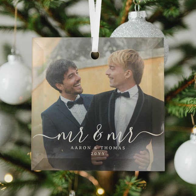 Script Mr & Mr Newlyweds Photo Christmas Glass Tree Decoration (Creator Uploaded)
