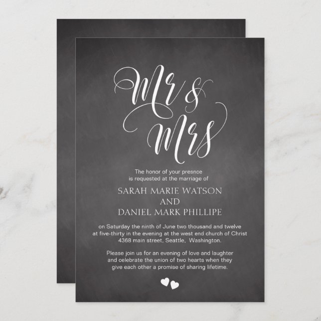 Script Mr & Mrs Wedding Invite Chalkboard Card (Front/Back)