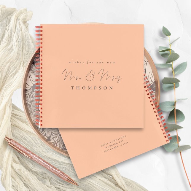 Script Mr Mrs Wedding Peach Guest Book (Front and back view)