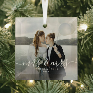 Script Mrs & Mrs Newlyweds Photo Christmas Glass Tree Decoration