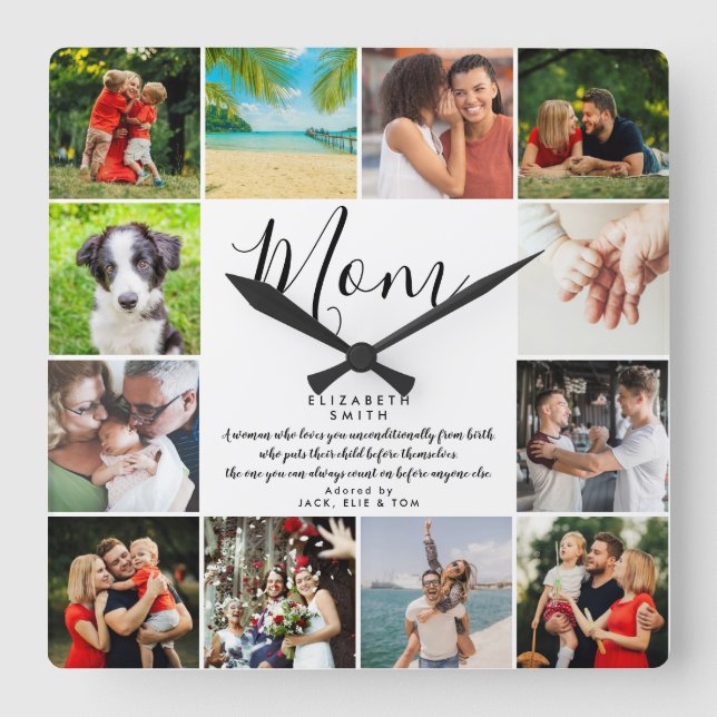Script Mum Quote Modern Script 12 Photo Collage Square Wall Clock (Front)