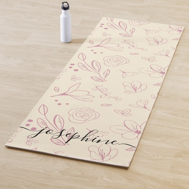 Script name custom Pink florals on beige cream Yoga Mat (In Situ)