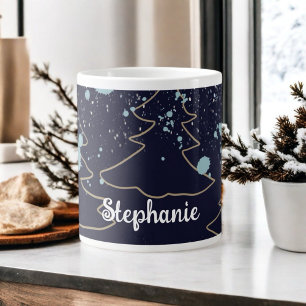 Script name cute cabin navy gold tree white dots  large coffee mug